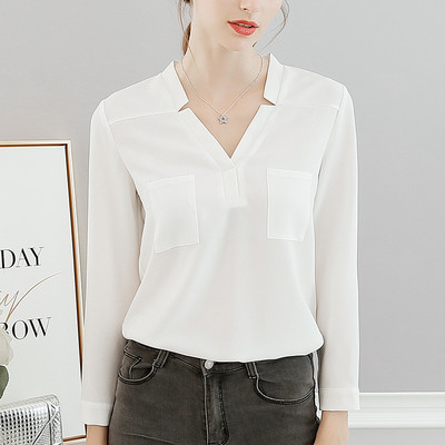 Cămașă de damă cu mâneci lungi și decolteu în V în albastru, roz și alb