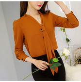 Cămașă de damă din șifon, cu mâneci lungi, cu decolteu în V - două culori