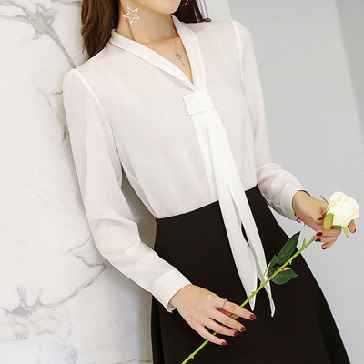 Cămașă de damă din șifon, cu mâneci lungi, cu decolteu în V - două culori