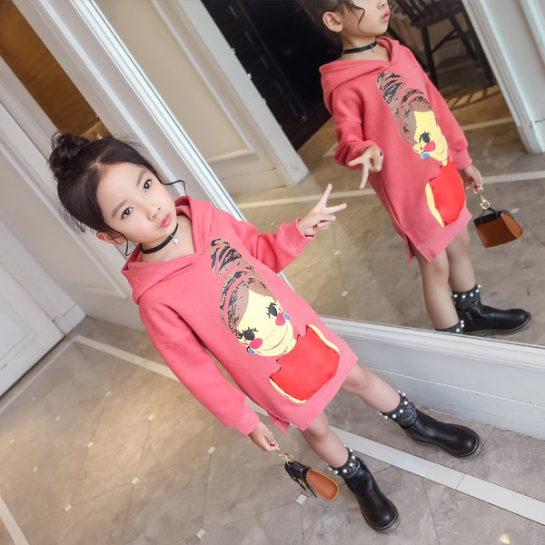 Rochie sport-casual pentru copii cu gluga si aplicatie colorata in mai multe culori