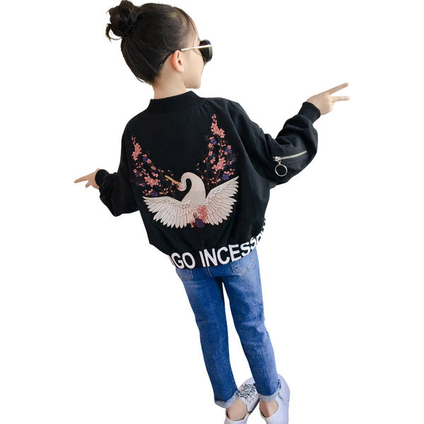 Geaca actuala pentru copii pentru fete cu broderie colorata pe spate in negru si rosu