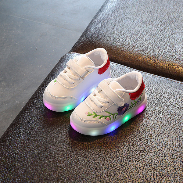 Tenisi de copii luminosi pentru fetita din piele ecologica cu broderie florala