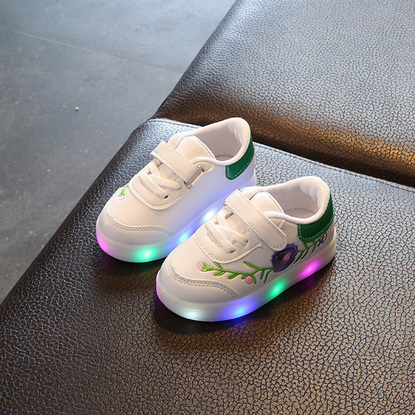 Tenisi de copii luminosi pentru fetita din piele ecologica cu broderie florala