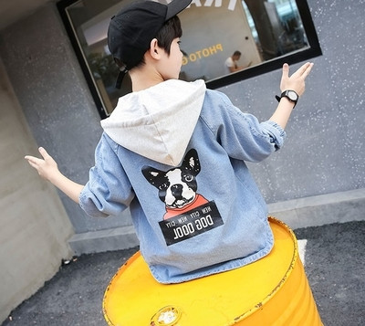 Модерно детско яке за момчета със сваляща се качулка и цветна апликация на гърба 