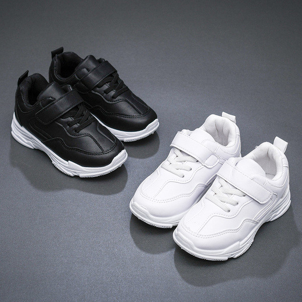 Tenisi casual pentru copii din piele ecologica de culoare alb si negru potriviti pentru fete si baieti