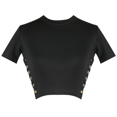 Къса дамска блуза в черен цвят със странични копчета