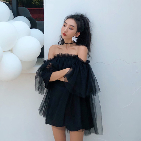 Γυναικείο κομψό φόρεμα με τούλι και πεσμένα μανίκια σε δύο χρώματα