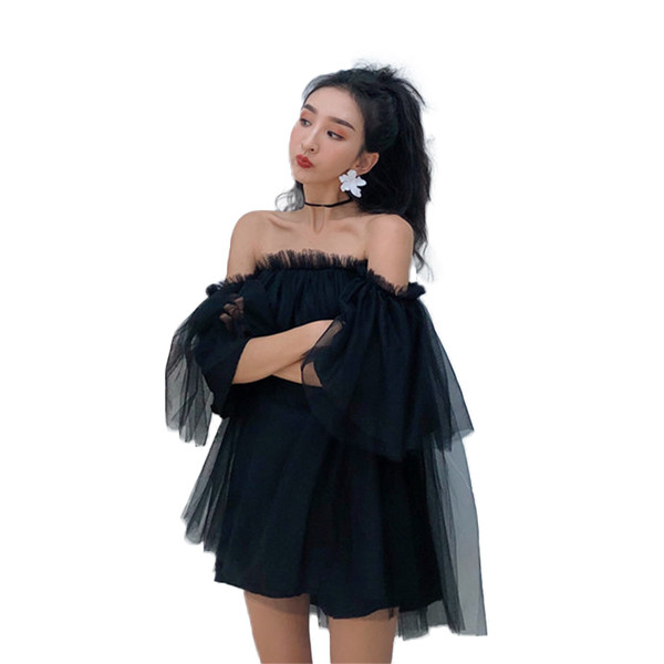 Γυναικείο κομψό φόρεμα με τούλι και πεσμένα μανίκια σε δύο χρώματα