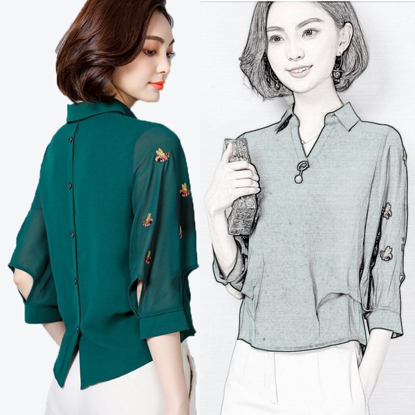 Cămașă de damă elegantă cu broderie în patru culori