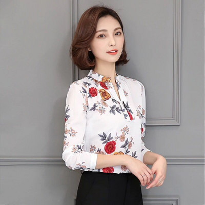 Cămașă elegantă din șifon cu motive florale în alb și negru