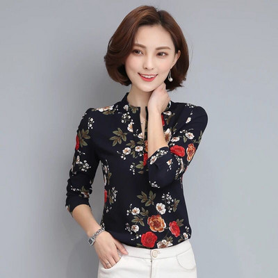 Cămașă elegantă din șifon cu motive florale în alb și negru