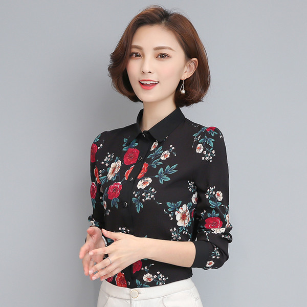 Cămașă elegantă din șifon cu motive florale în alb și negru