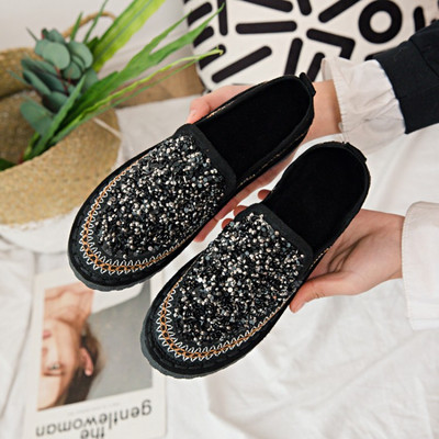 Mocasini moderni de dama cu pietre decorative mici in negru si maro