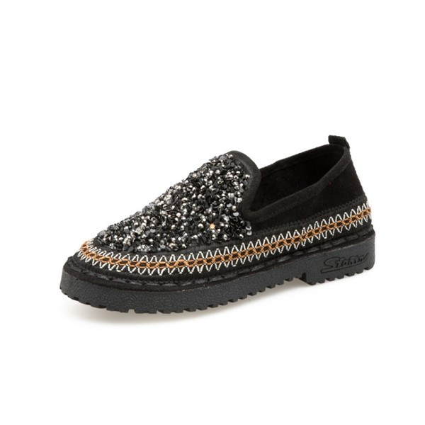 Mocasini moderni de dama cu pietre decorative mici in negru si maro