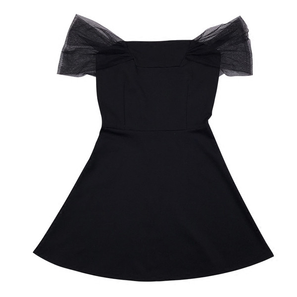 Rochie neagră scurtă de damă casual, cu mâneci căzute