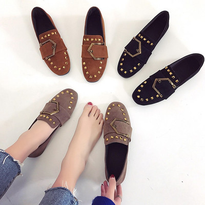 Women`s moccasins with metal eyelets and buckle in three colors