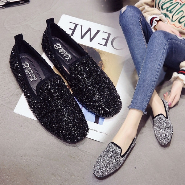 Mocasini strălucitori de damă în negru și gri