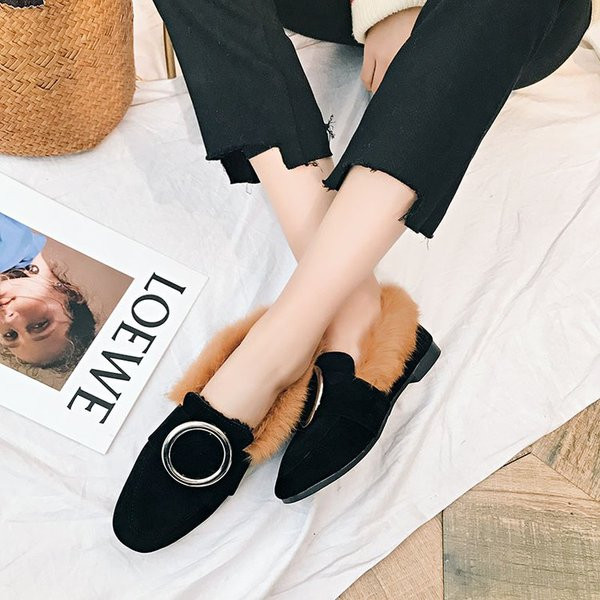 Mocasini moderni de dama cu puf si inel metalic in negru