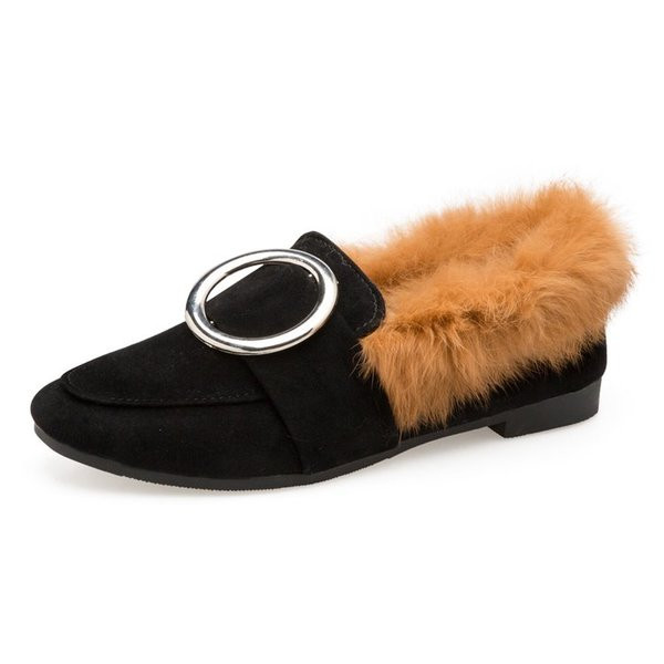 Mocasini moderni de dama cu puf si inel metalic in negru