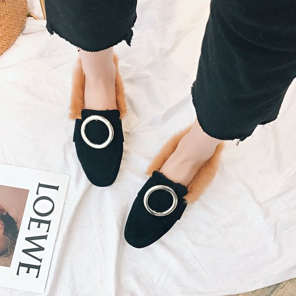 Mocasini moderni de dama cu puf si inel metalic in negru