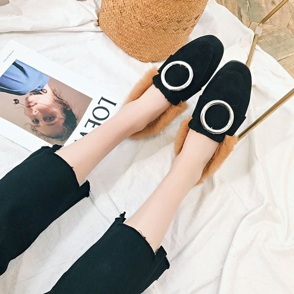 Mocasini moderni de dama cu puf si inel metalic in negru