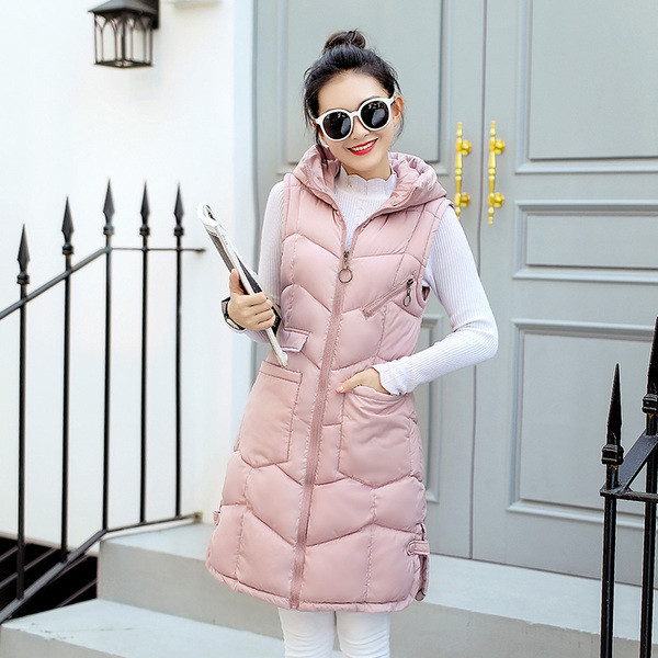 Μοντέρνο κομψό μακρύ  γυναικέιο γιλέκο με τσέπες και κουκούλα σε διάφορα χρώματα