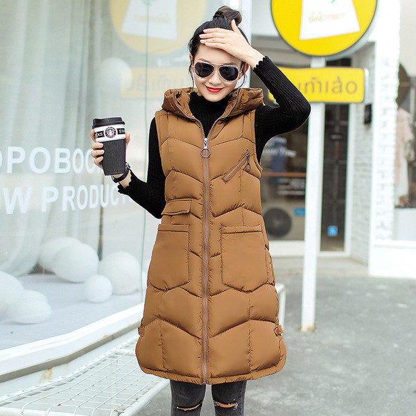 Μοντέρνο κομψό μακρύ  γυναικέιο γιλέκο με τσέπες και κουκούλα σε διάφορα χρώματα