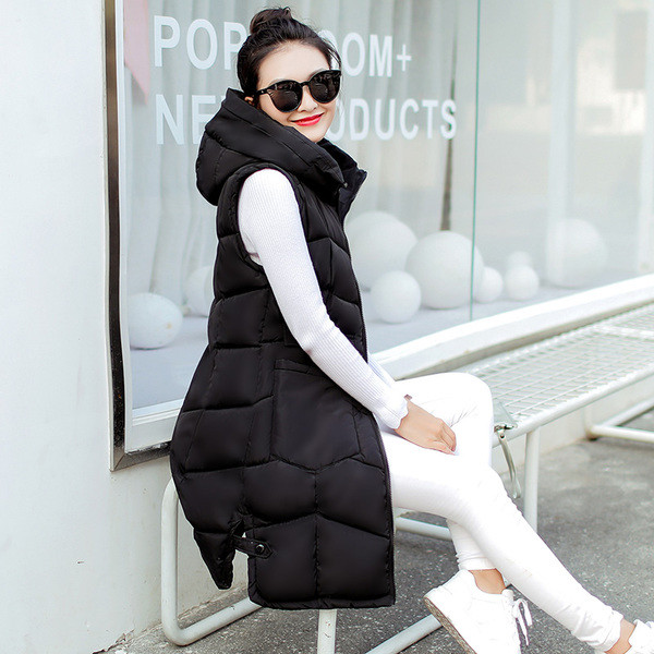 Μοντέρνο κομψό μακρύ  γυναικέιο γιλέκο με τσέπες και κουκούλα σε διάφορα χρώματα