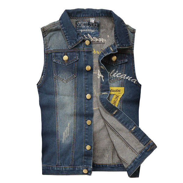 Модерен  мъжки дънков елек с цветна апликация на гърба 