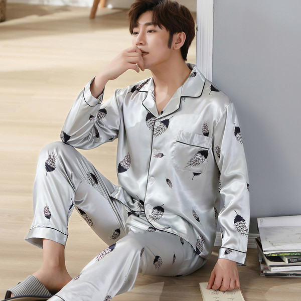 Pijamale bărbați - top cu buzunar decorativ și pantaloni lungi