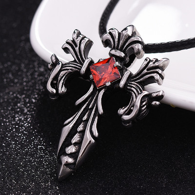 Мъжко колие кръст с червен и черен камък