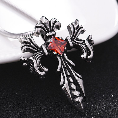 Мъжко колие кръст с червен и черен камък