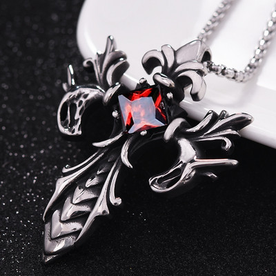 Мъжко колие кръст с червен и черен камък