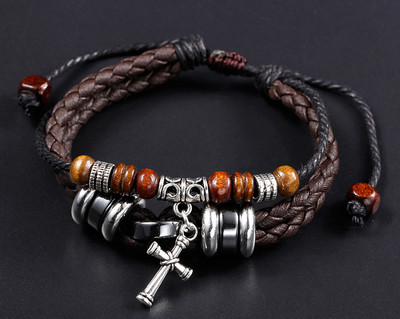Bratara barbati din piele ecologica cu elemente din metal si lemn