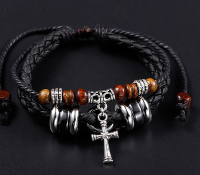 Bratara barbati din piele ecologica cu elemente din metal si lemn