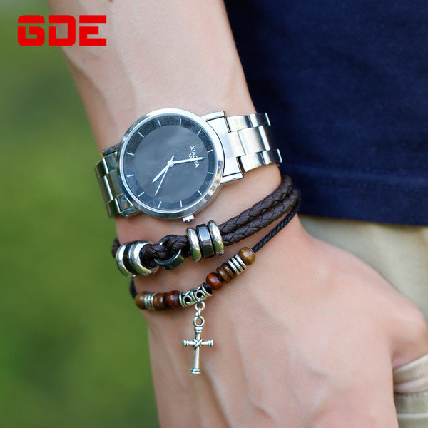 Bratara barbati din piele ecologica cu elemente din metal si lemn