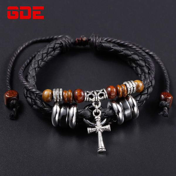 Bratara barbati din piele ecologica cu elemente din metal si lemn