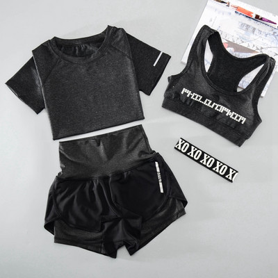 Дамски комплект за йога от три и четири части - тениска, топ, къси панталони и клин