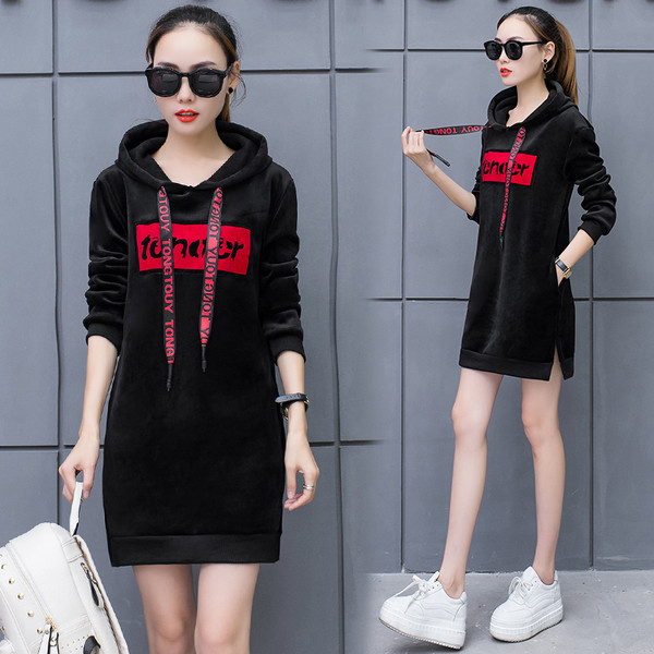 Γυναικείο μακρύ φούτερ με κουκούλα και επιγραφή