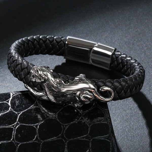 Férfi bőr karkötő fekete színben