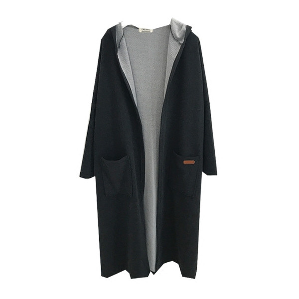 Palton lung de dama modern in doua culori cu gluga