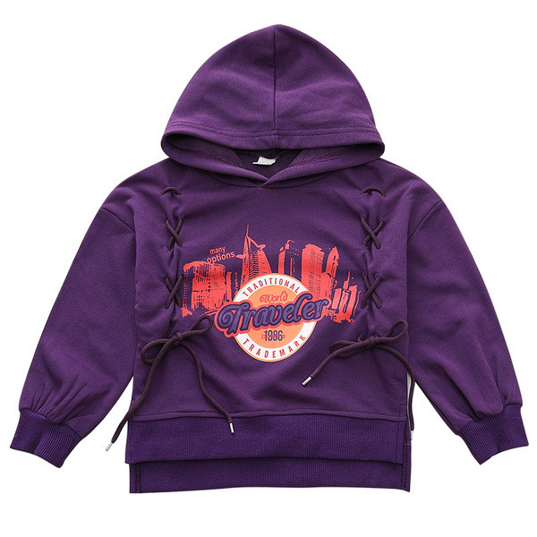 Lezser gyerekblúz lányoknak kapucnival és színes rátéttel fekete és lila színben