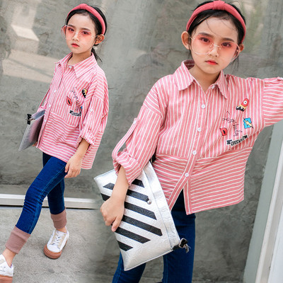 Модерна детска раирана риза за момичета с цветна апликация