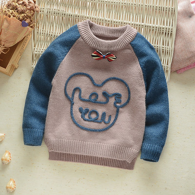 Модерен детски пуловер с декорация и панделка в три цвята