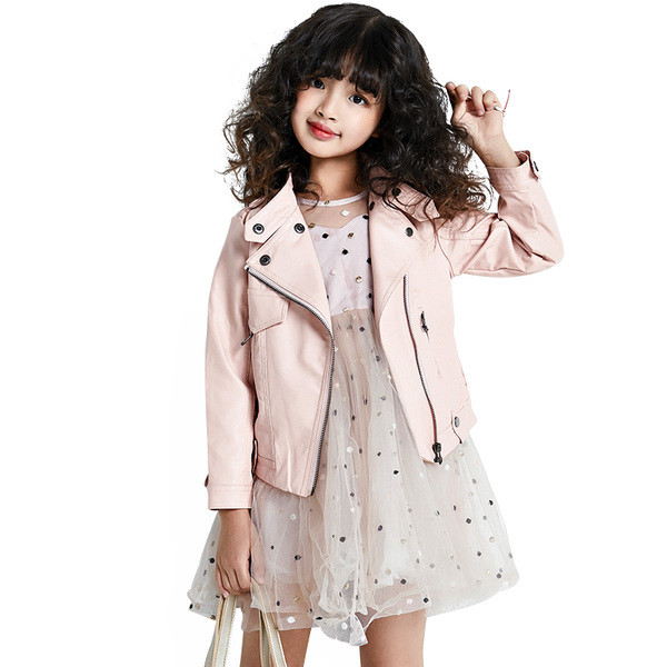 Κομψό παιδικό δερμάτινο μπουφάν σε ροζ και μαύρο χρώμα