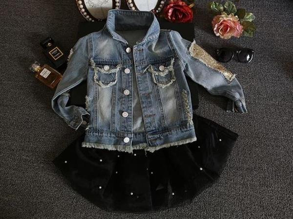 HIT Μοντέρνο μπουφάν για παιδιά denim για κορίτσια με πολύχρωμη εφαρμογή στην πλάτη