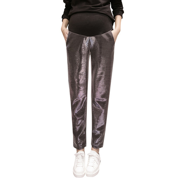 Лъскав панталон за бременни жени в сив цвят