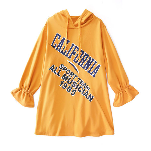 Μακρύ φούτερ για τις έγκυες γυναίκες με κουκούλα και κίτρινη κουκούλα