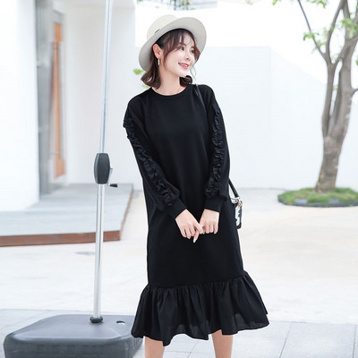 Модерна рокля за бременни жени с О-образно деколте и дълъг ръкав в черен цвят