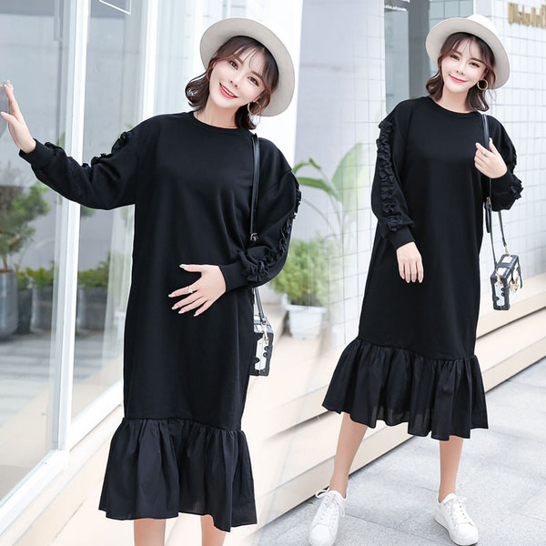 Модерна рокля за бременни жени с О-образно деколте и дълъг ръкав в черен цвят